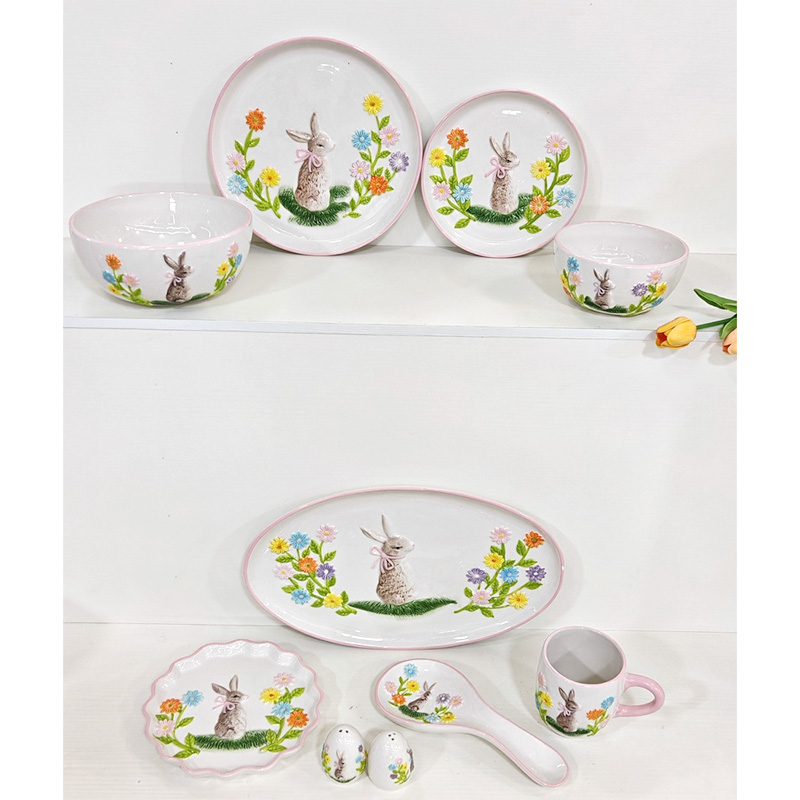 Floral Bunny Ceramic Dinnerware Set.