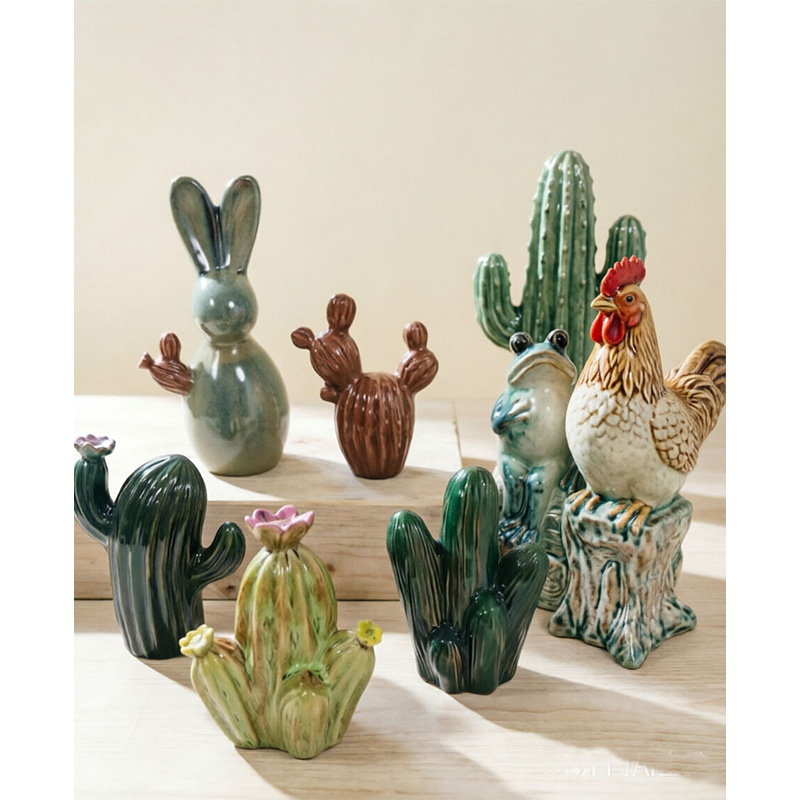 Spring Cactus Farm Animal Ceramic Figurine Set
